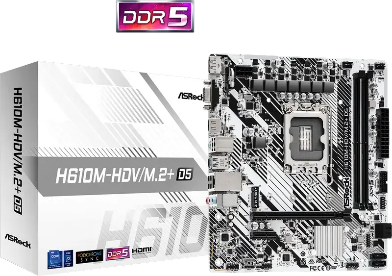 Placa de bază ASRock H610M-HDV/M.2+ D5 Micro-ATX LGA1700 Intel H610 DDR5 5600MHz Max 96GB RAM PCIe 4.0 Ultra M.2 HDMI DP VGA USB-C