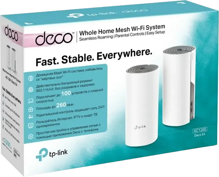 TP-Link Deco E4 Whole Home Mesh Wi-Fi System AC1200 Dual-Band Wi-Fi 5, 2-pack, Seamless Roaming, MU-MIMO, Beamforming, Parental Controls, White