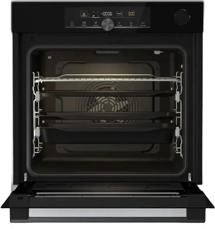 Gorenje BSA6747A04BG Built-in Electric Oven, 77L, A+ Energy Class, SilverMatte Pyrolytic Enamel, SteamAssist, Pizza Function, Black Glass, 59.5cm