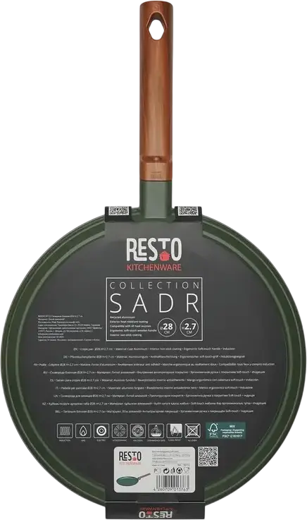 Resto 93712 SADR Crepe Pan, 28 cm, Die-cast Recyclable Aluminium, Queenhome Non-stick Coating, Induction Compatible, Bachelite Wood-grain Handle, Green