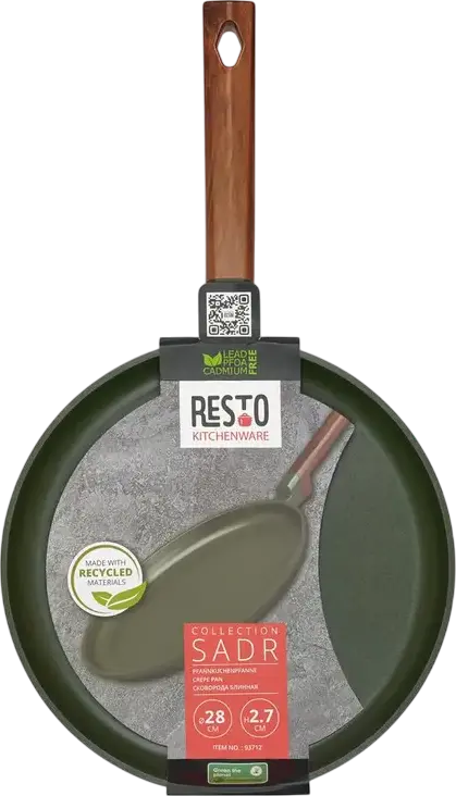 Resto 93712 SADR Crepe Pan, 28 cm, Die-cast Recyclable Aluminium, Queenhome Non-stick Coating, Induction Compatible, Bachelite Wood-grain Handle, Green