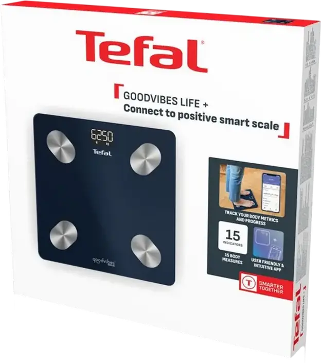 Tefal BM9720F0 Goodvibes Life+ Smart Body Scale, Bluetooth Connectivity, 15 Health Parameters including BMI and Body Fat, Tempered Glass, 180 kg Max