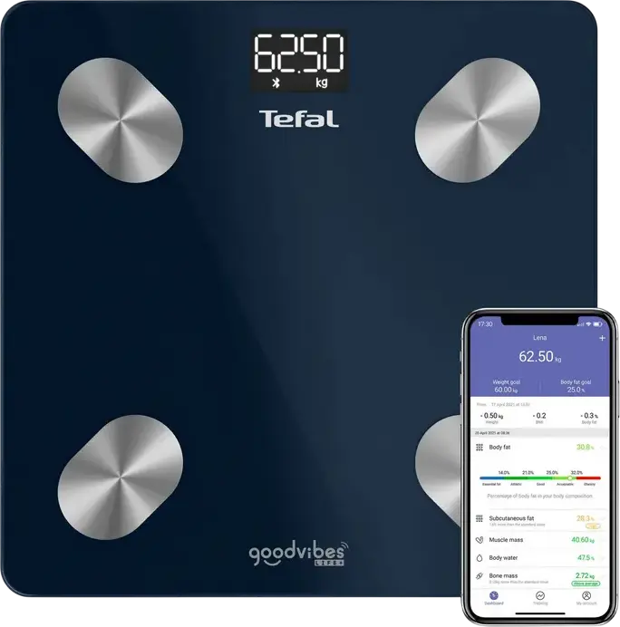 Tefal BM9720F0 Goodvibes Life+ Smart Body Scale, Bluetooth Connectivity, 15 Health Parameters including BMI and Body Fat, Tempered Glass, 180 kg Max