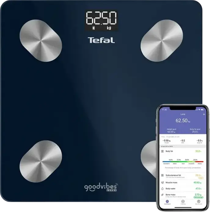 Tefal BM9720F0 Goodvibes Life+ Smart Body Scale, Bluetooth Connectivity, 15 Health Parameters including BMI and Body Fat, Tempered Glass, 180 kg Max