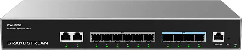 Grandstream GWN7830 Layer 3 Aggregation Managed Switch, 4 x 10G SFP+, 6 x SFP, 2 x Gigabit Ethernet, Rack-mountable, Built-in Management Controller