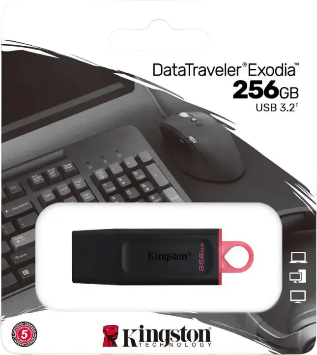 Kingston DataTraveler Exodia 256GB USB 3.2 Gen 1 Flash Drive, Black, USB-A Connector, Protective Cap and Keyring Loop, Windows, macOS, Linux, Chrome OS Compatible