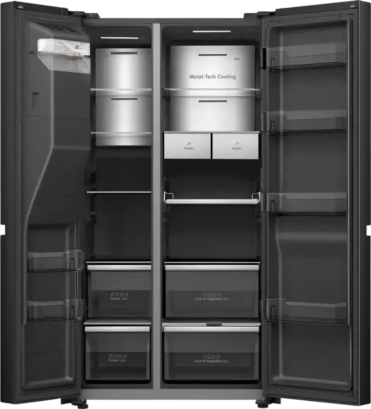 Hisense RS9P628GPFE Side-by-Side Refrigerator, 614L Total Net Volume, Total No Frost, Inverter Compressor, Water & Ice Dispenser, Smart Screen, Black