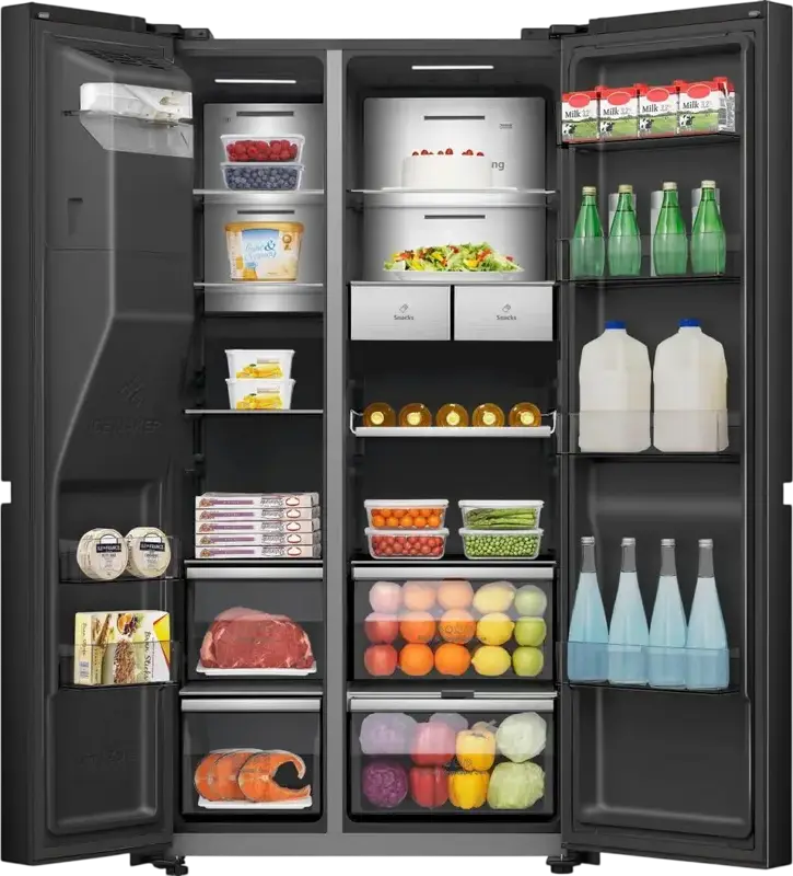 Hisense RS9P628GPFE Side-by-Side Refrigerator, 614L Total Net Volume, Total No Frost, Inverter Compressor, Water & Ice Dispenser, Smart Screen, Black