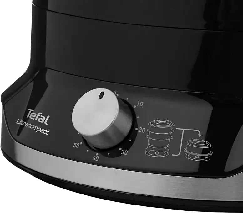 Tefal VC204810 Ultracompact Food Steamer, 9L Capacity, 800W, 3 BPA-free Steaming Baskets, 60 min Timer with Auto Shut-off, Black