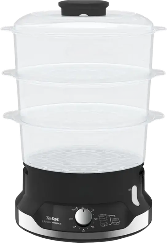 Tefal VC204810 Ultracompact Food Steamer, 9L Capacity, 800W, 3 BPA-free Steaming Baskets, 60 min Timer with Auto Shut-off, Black