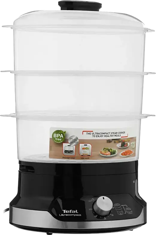 Tefal VC204810 Ultracompact Food Steamer, 9L Capacity, 800W, 3 BPA-free Steaming Baskets, 60 min Timer with Auto Shut-off, Black