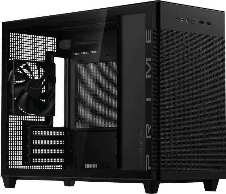 Корпус ASUS Prime AP201 Tempered Glass Edition Mini-Tower, Micro-ATX/Mini-ITX, Сталь и Закаленное Стекло, 33л, Поддержка радиатора 360мм, Черный