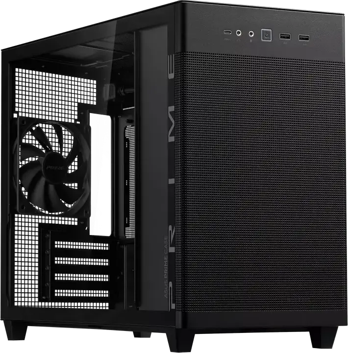 Корпус ASUS Prime AP201 Tempered Glass Edition Mini-Tower, Micro-ATX/Mini-ITX, Сталь и Закаленное Стекло, 33л, Поддержка радиатора 360мм, Черный