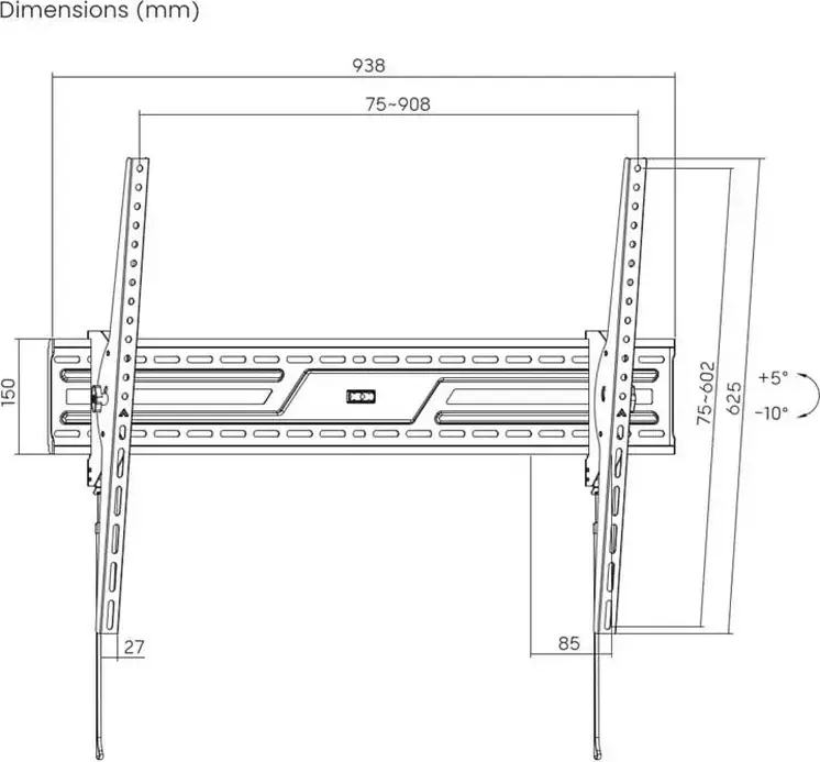 Suport de perete cu înclinare Gembird WM-100T-01 pentru TV 43-100 inch, VESA pana la 900x600mm, Capacitate 75kg, Otel, Negru, Înclinare +5°/-10°, Nivela Spirit