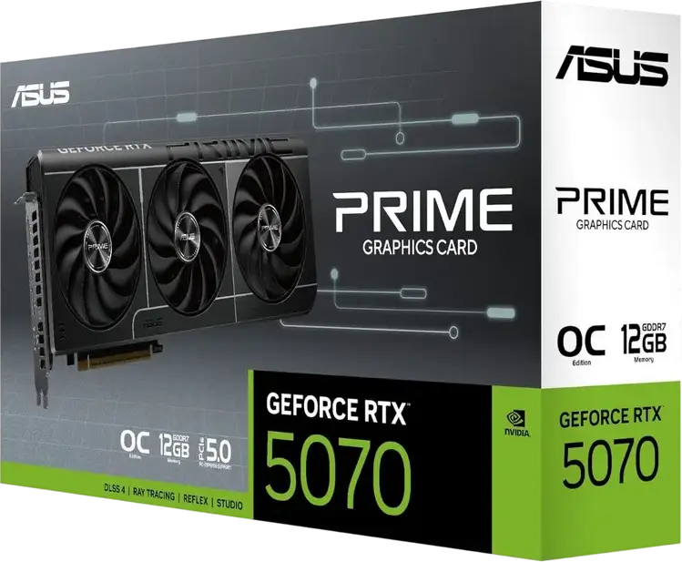 Видеокарта ASUS Prime GeForce RTX 5070 O12G, 12GB GDDR7, 6144 CUDA Cores, PCI Express 5.0, 3 вентилятора Axial-tech, SFF Ready, PRIME-RTX5070-O12G