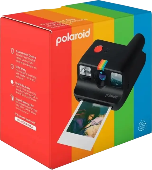 Polaroid Go Generation 2 Instant Camera - Black, Built-in Selfie Mirror, Self-timer, Double Exposure Mode, Internal Rechargeable Battery
