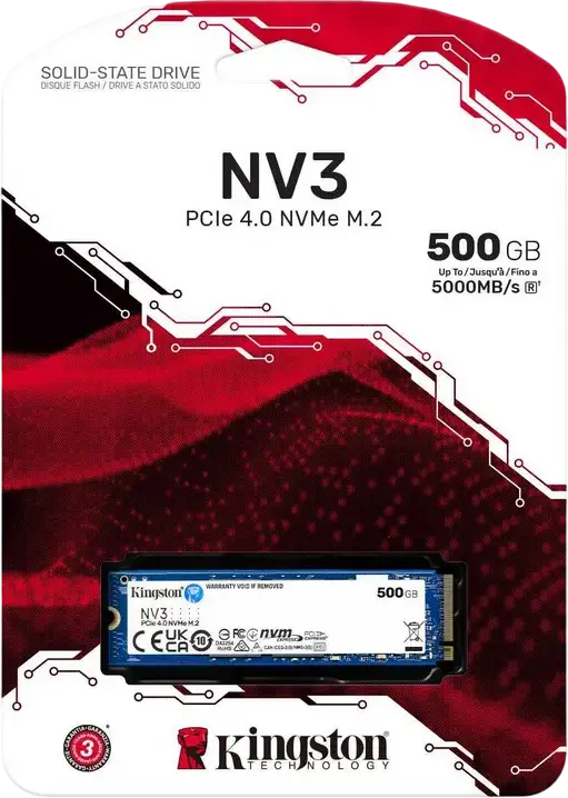 Kingston NV3 M.2 2280 NVMe PCIe 4.0 x4 SSD 500GB, Up to 5,000MB/s Read, 3,000MB/s Write, 3D NAND, SNV3S/500G