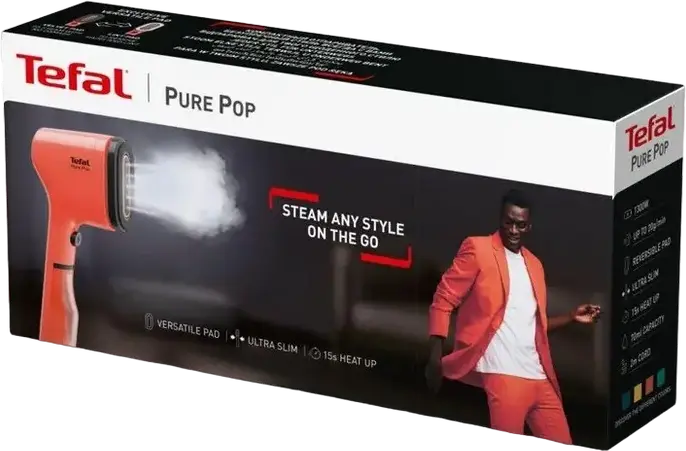 Ручной отпариватель для одежды Tefal Pure Pop DT2022E1, 1300 Вт, резервуар для воды 70 мл, мощность пара 20 г/мин, разогрев за 15 сек, с насадкой для деликатных тканей и дорожным чехлом