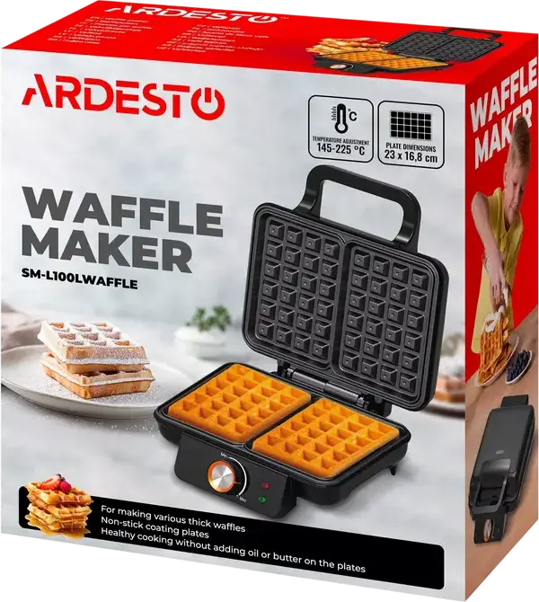 Ardesto SM-L100LWAFFLE Waffle Maker for Thick Rectangular Waffles, 1200W, Non-stick Plates 23x16.8cm, Temperature Control 145-225°C, Black