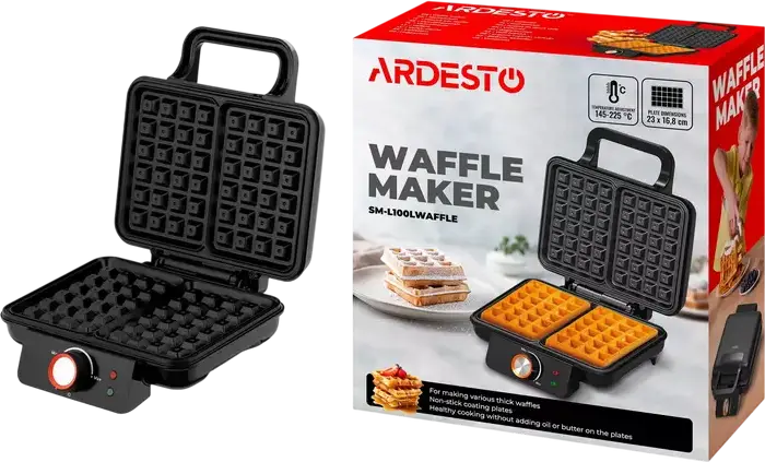 Ardesto SM-L100LWAFFLE Waffle Maker for Thick Rectangular Waffles, 1200W, Non-stick Plates 23x16.8cm, Temperature Control 145-225°C, Black