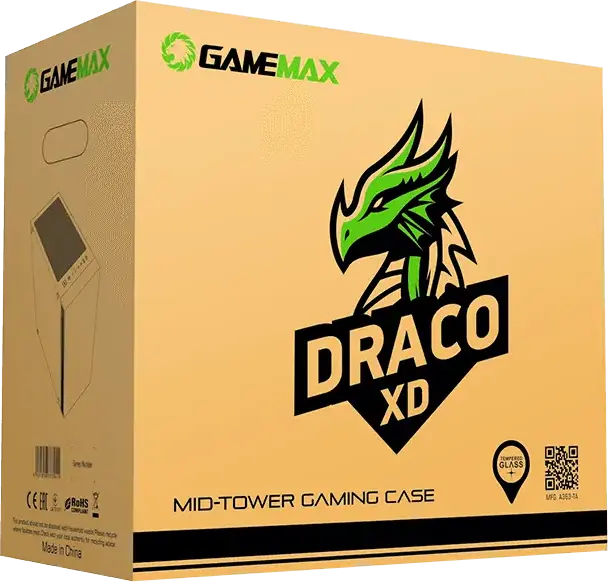 Gamemax Draco XD Midi Tower Gaming Case, Tempered Glass Front and Side Panels, 4x120mm ARGB Fans, E-ATX Support, SPCC Chassis, Black