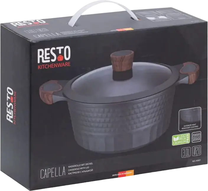 Resto Kitchenware Capella 93501 Cast Aluminium Casserole Pot with Glass Lid, 2.6L, 20cm, Non-Stick Coating, Induction Compatible, PFOA Free, Black