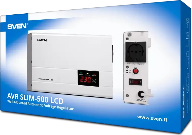 Stabilizator de Tensiune Automat SVEN AVR SLIM-500 LCD, 500VA 400W, Tip Releu, Montare pe Perete, Carcasă Metalică, Ecran LCD, Control Microprocesor, Alb