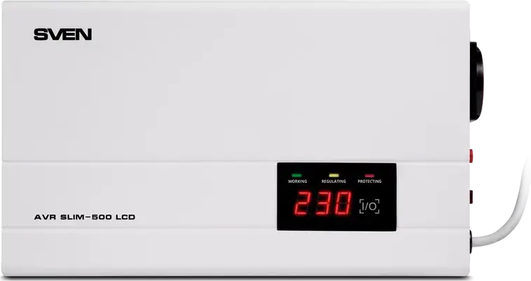Stabilizator de Tensiune Automat SVEN AVR SLIM-500 LCD, 500VA 400W, Tip Releu, Montare pe Perete, Carcasă Metalică, Ecran LCD, Control Microprocesor, Alb