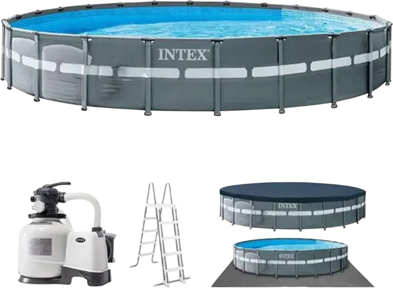Intex Ultra XTR Frame 26340 Round Pool 732x132 cm, Grey, Super-Tough 3-Ply PVC, Easy Lock Steel Frame, Krystal Clear Sand Filter Pump 10500 L/h