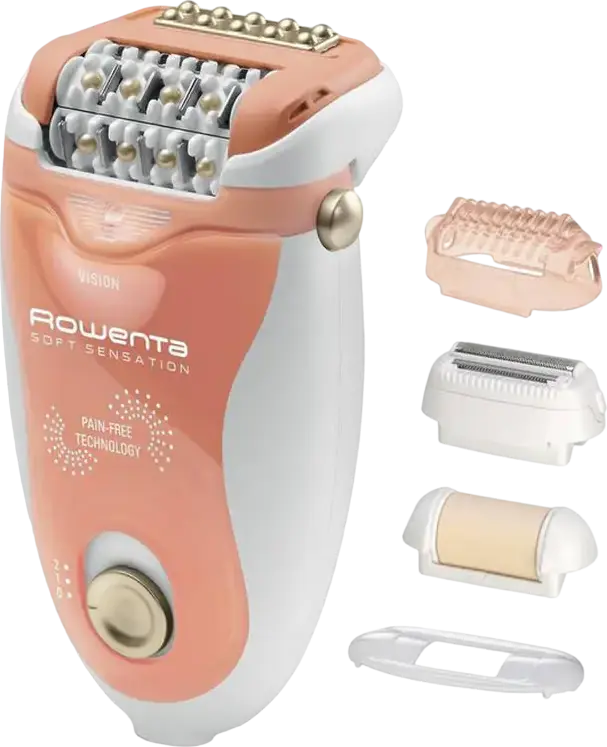 Rowenta EP5720F1 Soft Sensation Epilator, 24 Tweezers, 2 Speed Settings, Vibration System, Flexible Head, with Shaving, Peeling and Exfoliation Heads