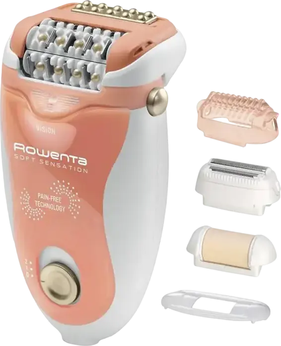 Rowenta EP5720F1 Soft Sensation Epilator, 24 Tweezers, 2 Speed Settings, Vibration System, Flexible Head, with Shaving, Peeling and Exfoliation Heads