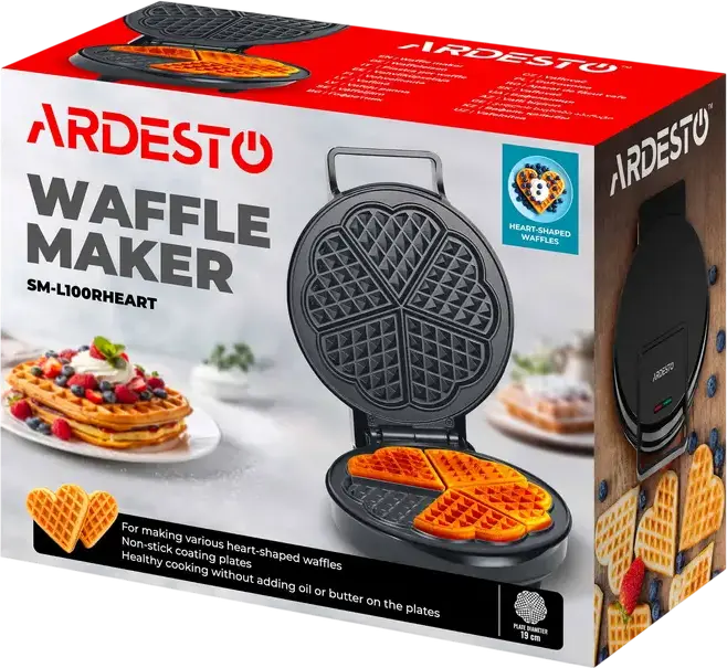aparat de waffle Ardesto SM-L100RHEART, 1200W, Plate Antiaderente in Forma de Inima, 19cm, Termostat Automat, Protectie la Supraincalzire, Negru