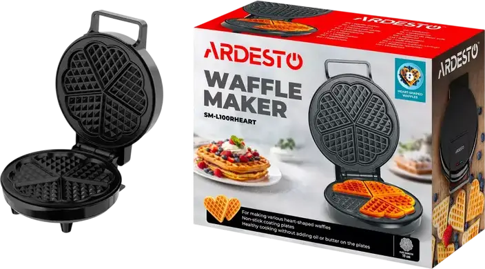 aparat de waffle Ardesto SM-L100RHEART, 1200W, Plate Antiaderente in Forma de Inima, 19cm, Termostat Automat, Protectie la Supraincalzire, Negru