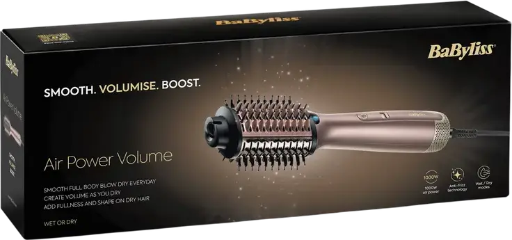 BaByliss AS95E Air Power Volume Hot Air Brush Airstyler, 1000W Ceramic Oval Brush, Anti-Frizz Double Ionic System, Wet/Dry Modes, Cold Shot, Bronze