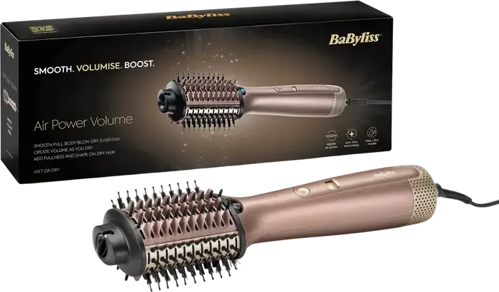 BaByliss AS95E Air Power Volume Hot Air Brush Airstyler, 1000W Ceramic Oval Brush, Anti-Frizz Double Ionic System, Wet/Dry Modes, Cold Shot, Bronze