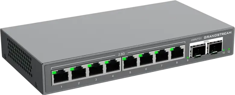 Grandstream GWN7721 Layer 2 Lite Managed Switch, 8x 2.5G Gigabit Ethernet Ports, 2x 10G SFP+ Slots, 80 Gbps Switching Capacity, GDMS Cloud Management