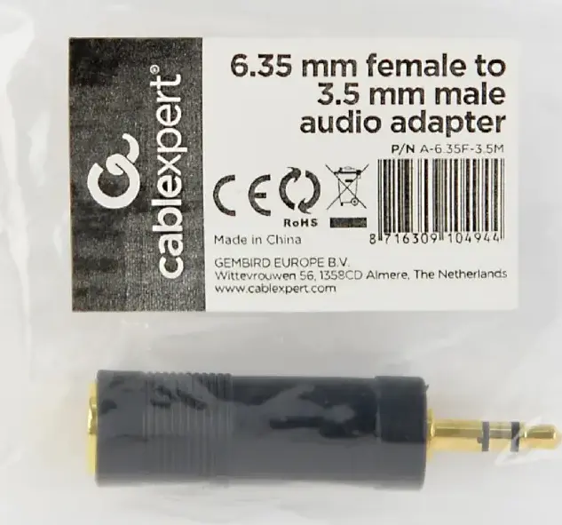 Cablexpert A-6.35F-3.5M Audio Adapter, 6.35mm Female to 3.5mm Male 3-pin Jack, Gold-plated Analog Connector, Black Plastic Housing