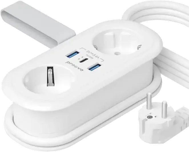 Proove Supercoil Power Strip Surge Protector, 2 AC Outlets, 2 USB-A & 1 USB-C PD 20W Ports, 2500W 10A Max Power, Fire-retardant Plastic, EU Plug, 1.5m, White
