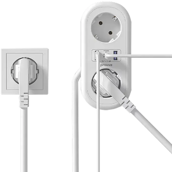Proove Supercoil Power Strip Surge Protector, 2 AC Outlets, 2 USB-A & 1 USB-C PD 20W Ports, 2500W 10A Max Power, Fire-retardant Plastic, EU Plug, 1.5m, White