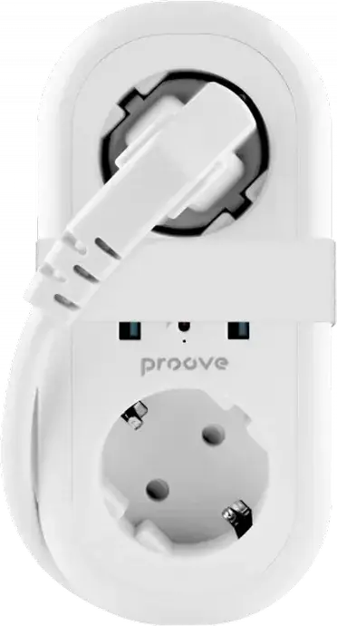 Proove Supercoil Power Strip Surge Protector, 2 AC Outlets, 2 USB-A & 1 USB-C PD 20W Ports, 2500W 10A Max Power, Fire-retardant Plastic, EU Plug, 1.5m, White