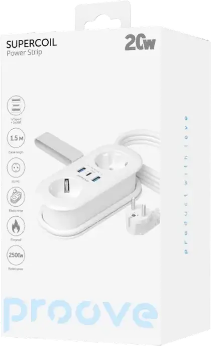 Proove Supercoil Power Strip Surge Protector, 2 AC Outlets, 2 USB-A & 1 USB-C PD 20W Ports, 2500W 10A Max Power, Fire-retardant Plastic, EU Plug, 1.5m, White