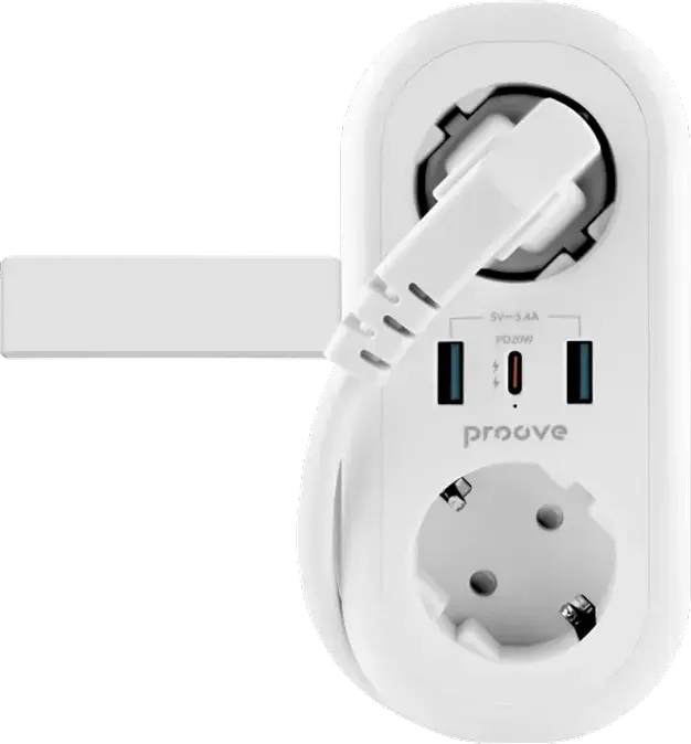 Proove Supercoil Power Strip Surge Protector, 2 AC Outlets, 2 USB-A & 1 USB-C PD 20W Ports, 2500W 10A Max Power, Fire-retardant Plastic, EU Plug, 1.5m, White