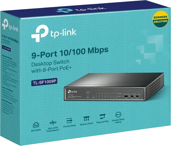 TP-Link TL-SF1009P Unmanaged PoE Switch, 8-Port 10/100Mbps PoE + 1 Uplink Port, 65W Power Budget, 250m Extend Mode, Auto-Recovery, Steel Case, Grey