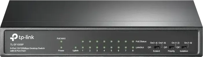 TP-Link TL-SF1009P Unmanaged PoE Switch, 8-Port 10/100Mbps PoE + 1 Uplink Port, 65W Power Budget, 250m Extend Mode, Auto-Recovery, Steel Case, Grey