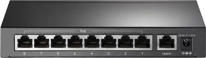 TP-Link TL-SF1009P Unmanaged PoE Switch, 8-Port 10/100Mbps PoE + 1 Uplink Port, 65W Power Budget, 250m Extend Mode, Auto-Recovery, Steel Case, Grey