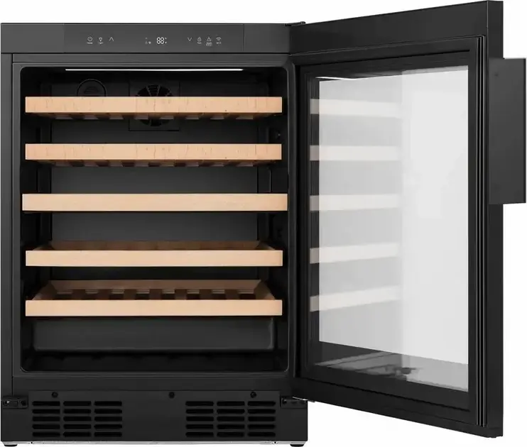 Răcitor de vin Hisense RW3N132GSLF Liber, Capacitate 137L pentru 46 Sticle, Negru Inox și Sticlă, Wi-Fi, Protecție UV, Afișaj LED, Înălțime 81.9cm