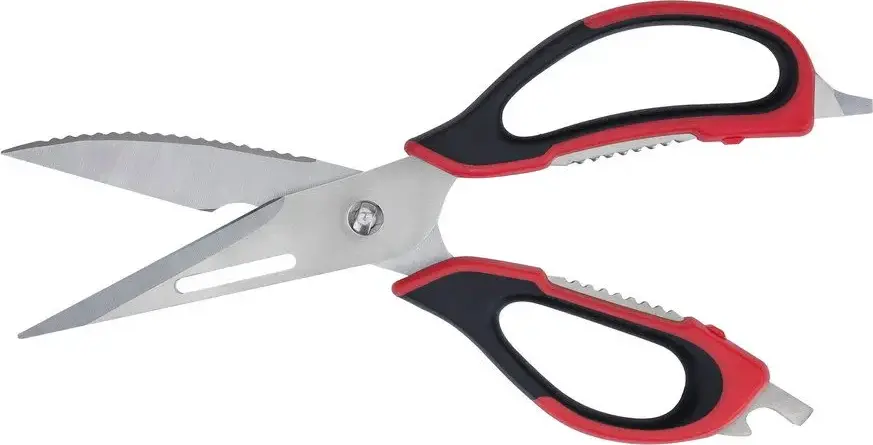 Resto Atlas 95325 Multifunctional 9-in-1 Kitchen Scissors, Stainless Steel Blades, Fish Scaler, Nut Cracker, Bottle and Can Opener, Black/Red
