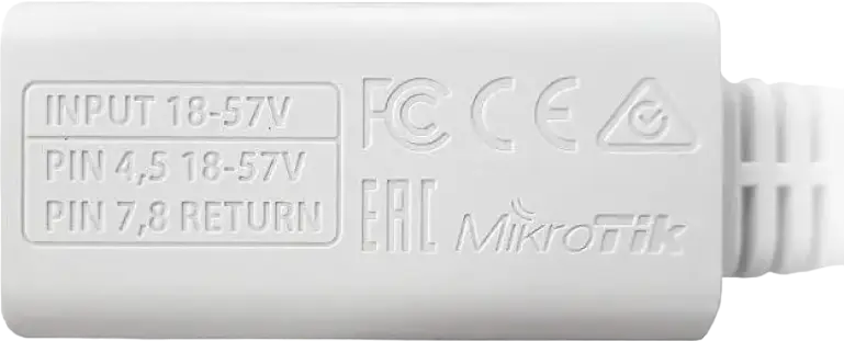 Injector MikroTik RBGPOE Gigabit Passive PoE, Interfață Ethernet 10/100/1000 Mbps, Tensiune 18-57V, Conectori Ecranați, Alb
