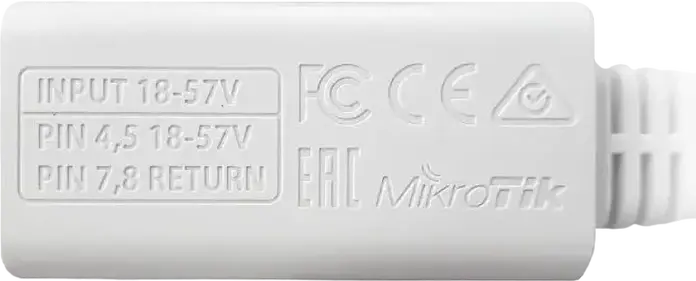 Injector MikroTik RBGPOE Gigabit Passive PoE, Interfață Ethernet 10/100/1000 Mbps, Tensiune 18-57V, Conectori Ecranați, Alb