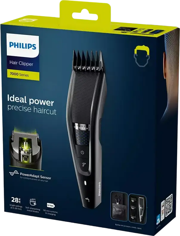 Tondeuse de păr Philips HC7650/15 Seria 7000, Senzor PowerAdapt, Lame din Oțel Inoxidabil Auto-ascuțitoare, 28 Setări Lungime (0.5-28mm), Baterie Li-ion